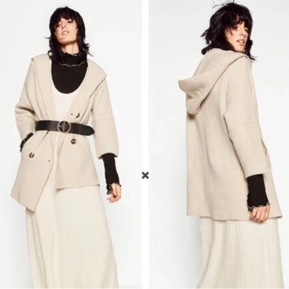 Zara Knit Hooded Double Breasted Oversized Cozy Button Up Sweater Coat